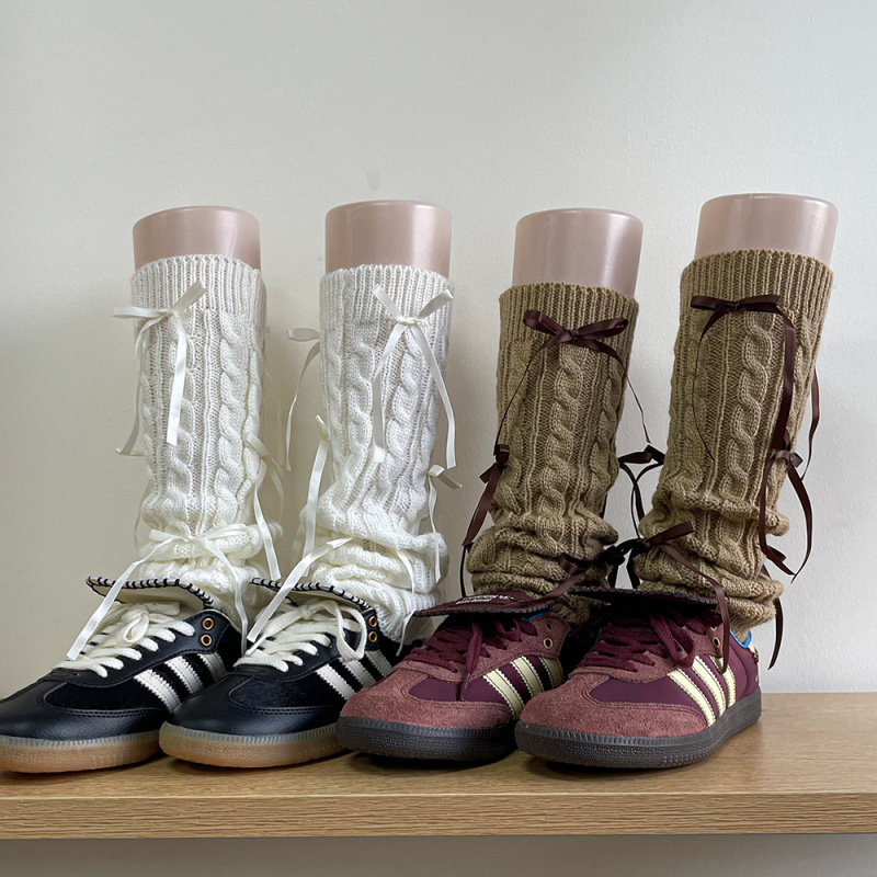 ins复古针织条纹粗线麻花堆堆中筒袜套韩国风多蝴蝶结脚套潮袜女