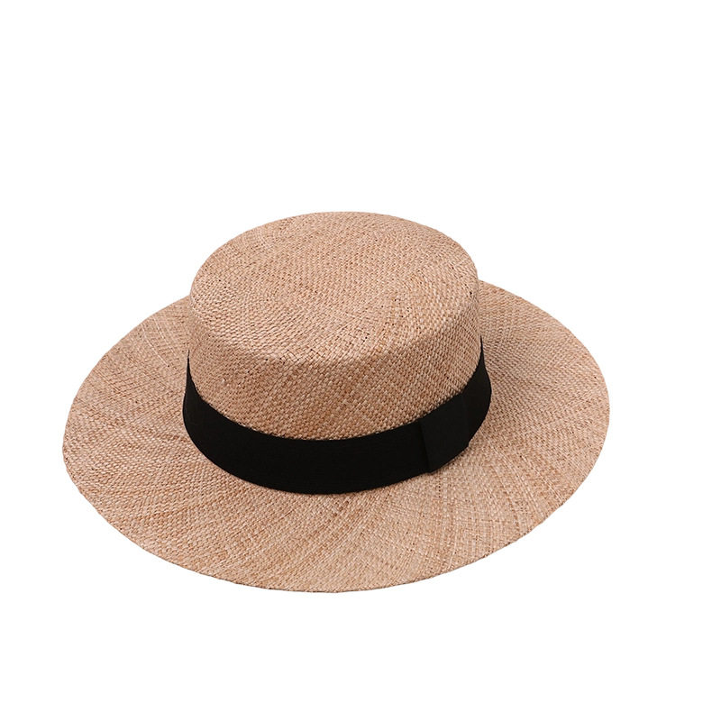 宝草手工编织平顶帽子女夏季草帽新款防晒英伦时尚礼帽高级遮阳帽