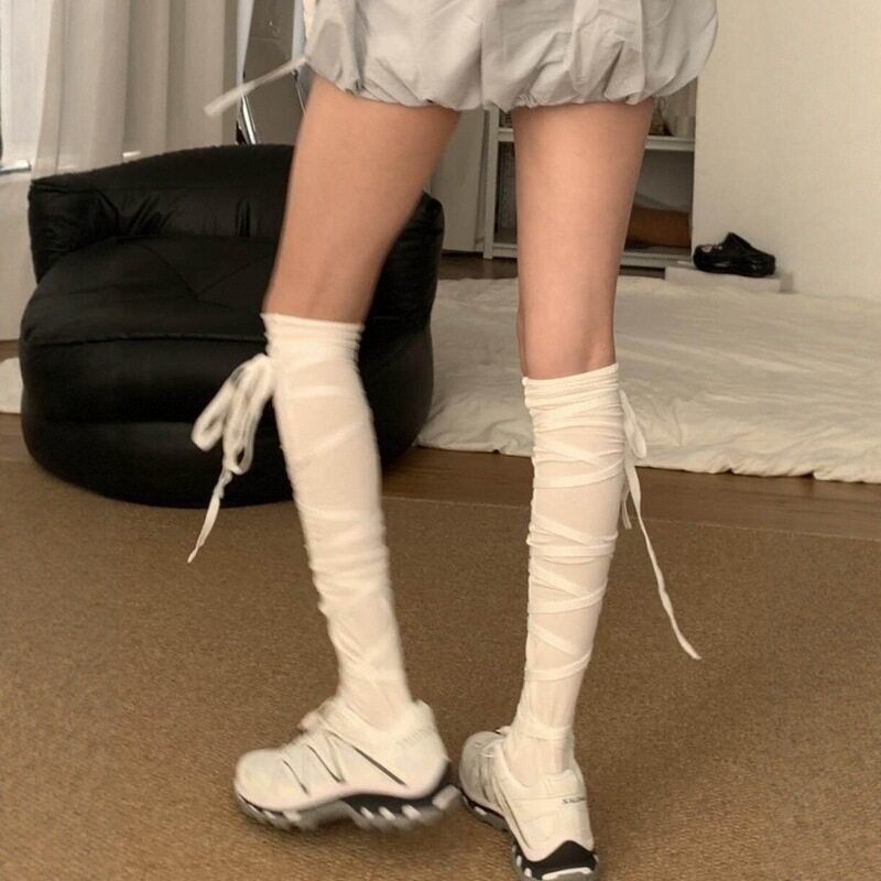绑带小腿过膝袜加长堆堆袜辣妹y2k亚文化弹力芭蕾少女纯欲袜子女