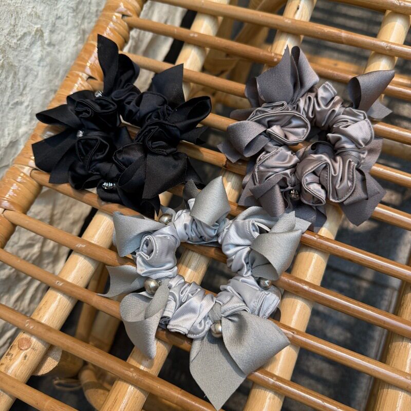 实拍 韩系缎面蝴蝶结珍珠大肠发圈女高级感丸子头超大发饰头绳