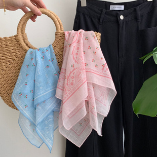 2025新品可爱蓝色小樱桃柔软棉麻丝巾头巾小方巾系脖春夏小围巾韩