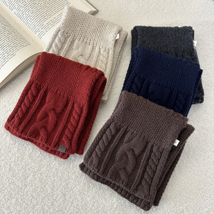 纯羊毛交叉围巾新款麻花单色叉口保暖围脖百搭复古高品质护颈披肩