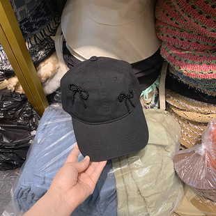 韩版 黑色珠子圆顶蝴蝶结减龄可爱甜酷棒球帽子女夏新款 鸭舌帽