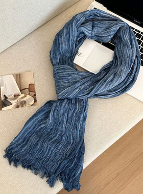 蓝色丝巾新款百搭棉麻围巾秋冬季高级感短须压皱保暖围脖披肩