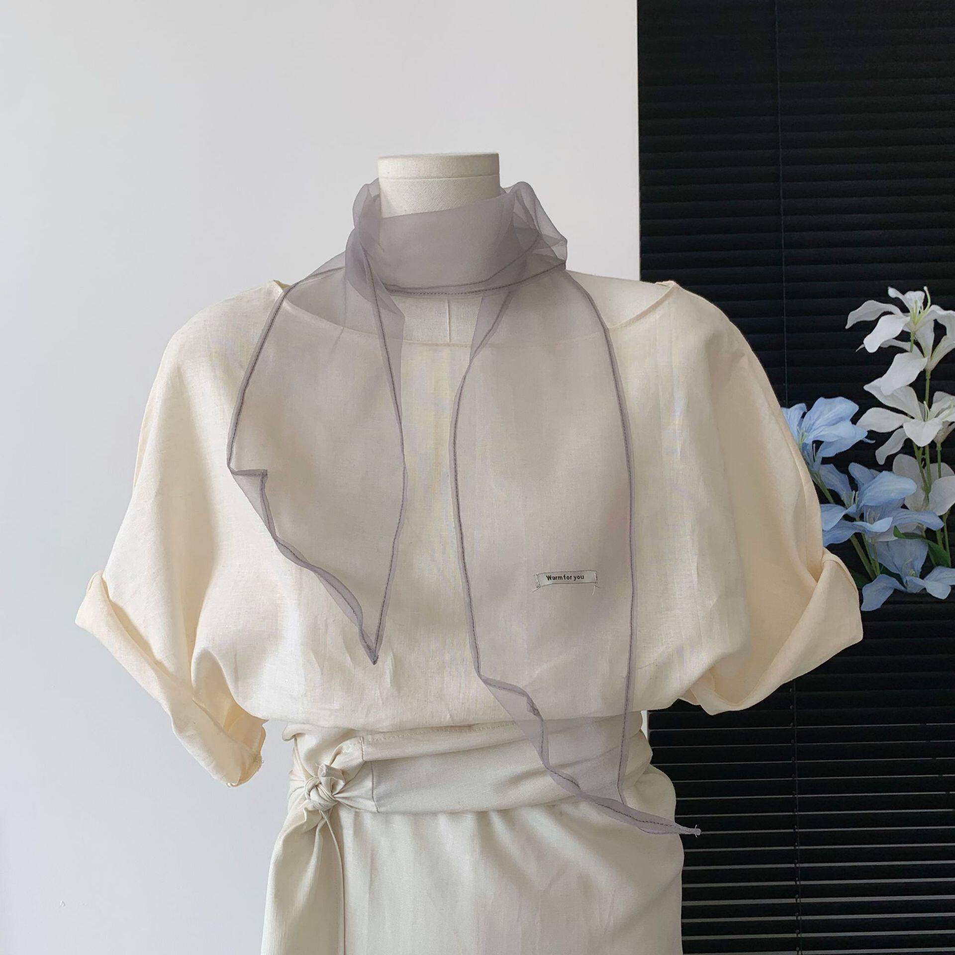 韩代款~ 春夏复古简约纯欲丝巾女高级感欧根纱丝带领巾半透明发带