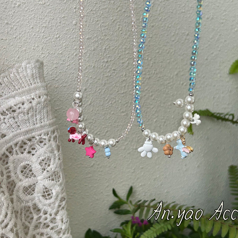 可爱风镶钻腊肠狗吊坠珍珠项链精致时尚百搭毛衣链设计感小众