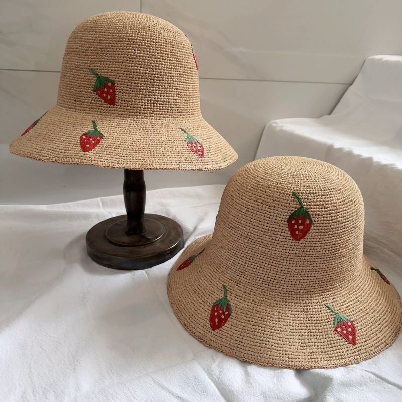 日系夏季草帽女 重工刺绣草莓 小甜美天然拉菲草手工编织防晒帽