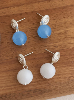 董洁同款蓝色吊坠耳环女轻奢小众高级感气质复古白色百搭耳饰