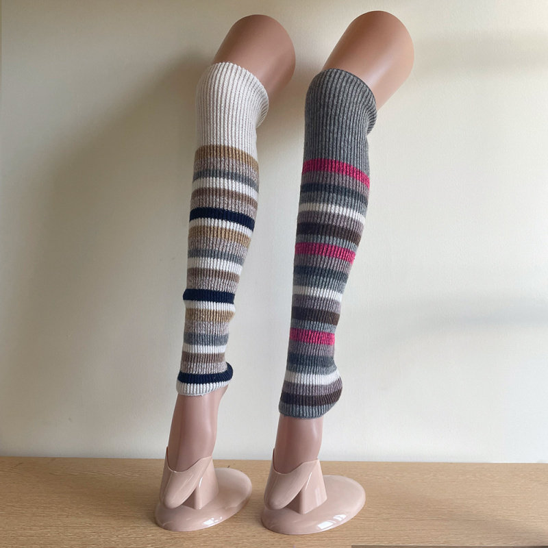 秋冬护膝女撞色横条纹针织堆堆袜套毛线保暖过膝腿套千禧民族风女
