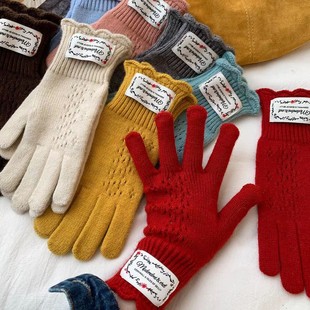 韩国rockfish同款红色蕾丝镂空毛线手套露指骑行抗寒保暖可触屏冬