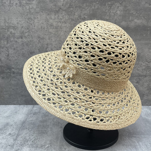 法式优雅花朵拉菲草编帽女夏季镂空大檐遮阳帽海边度假百搭防晒帽
