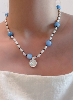 海洋蓝贝壳串珠时髦项链女个性轻