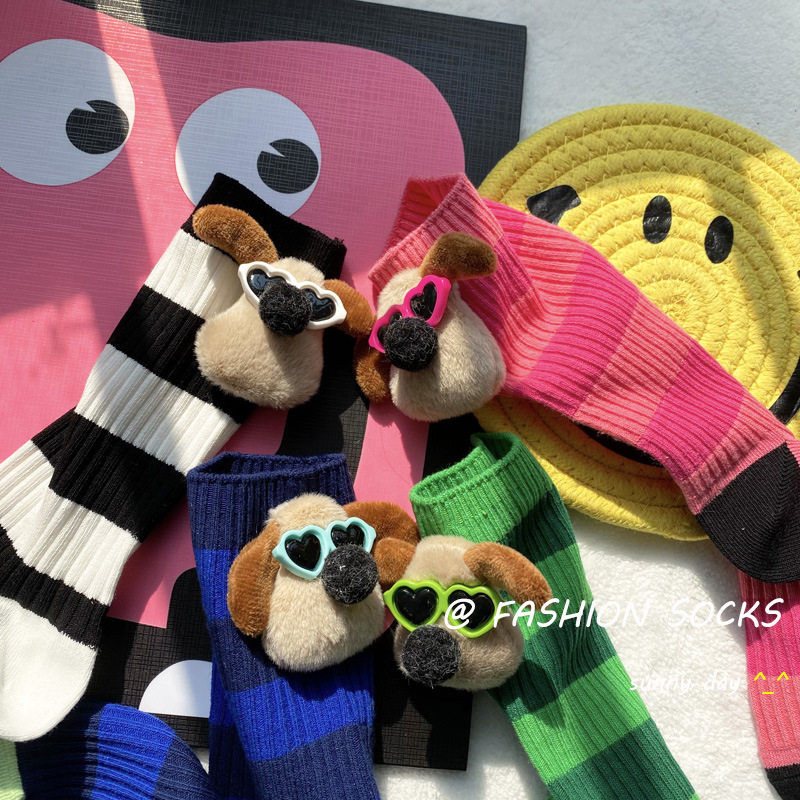 条纹春款眼镜狗卡通彩色洋气立体公仔欧货个性潮袜装饰袜堆堆袜女