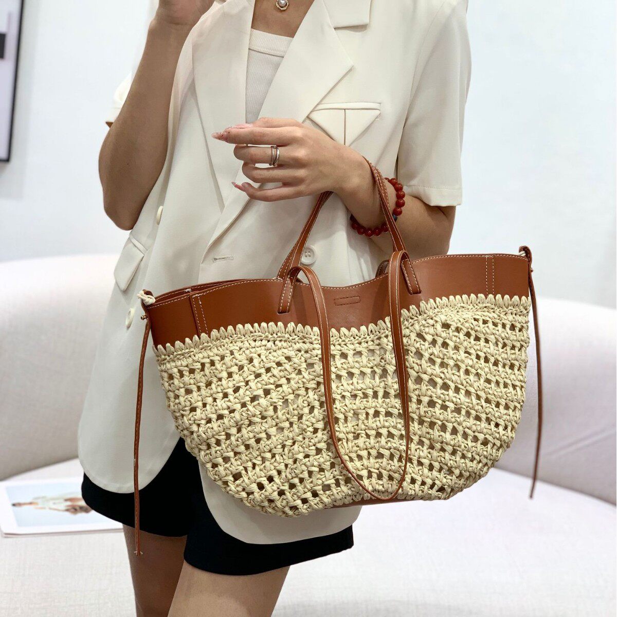 2026新款Polen干邑色拉菲草编织包慵懒风度假沙滩风托特女包