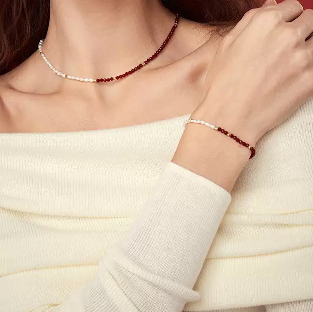 韩国ins风个性简约淡水珍珠红玛瑙拼接项链金属串珠百搭森系气质
