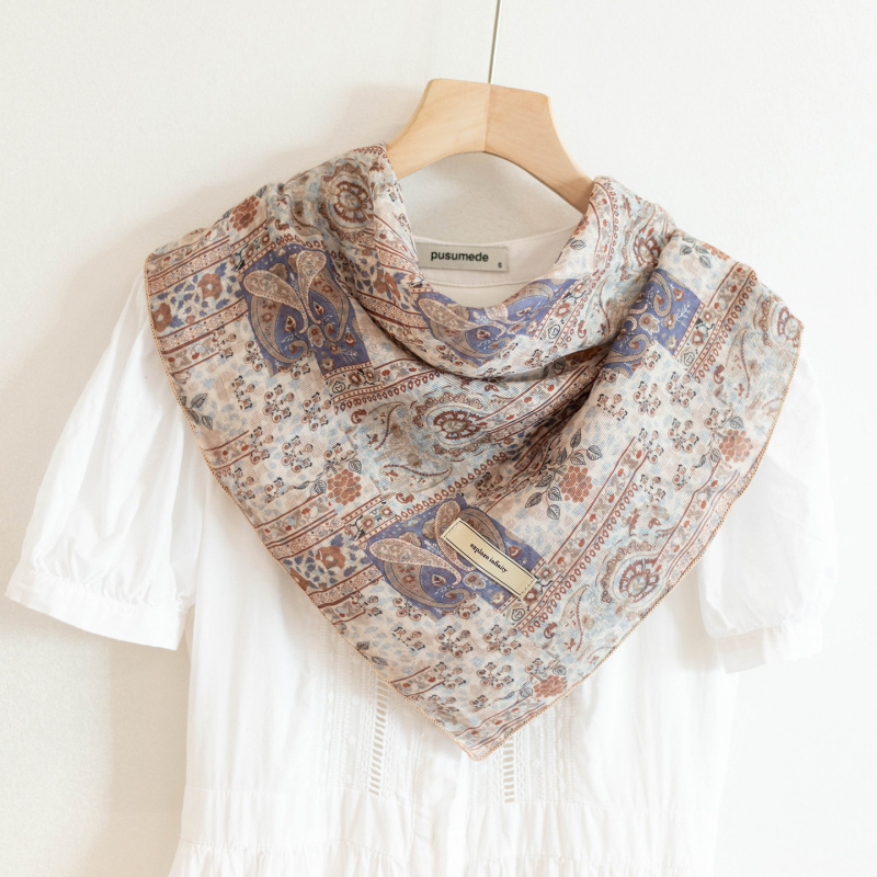 韩国客订~双层60小方巾印花优雅休闲领巾发带绑法头巾旅游丝巾女