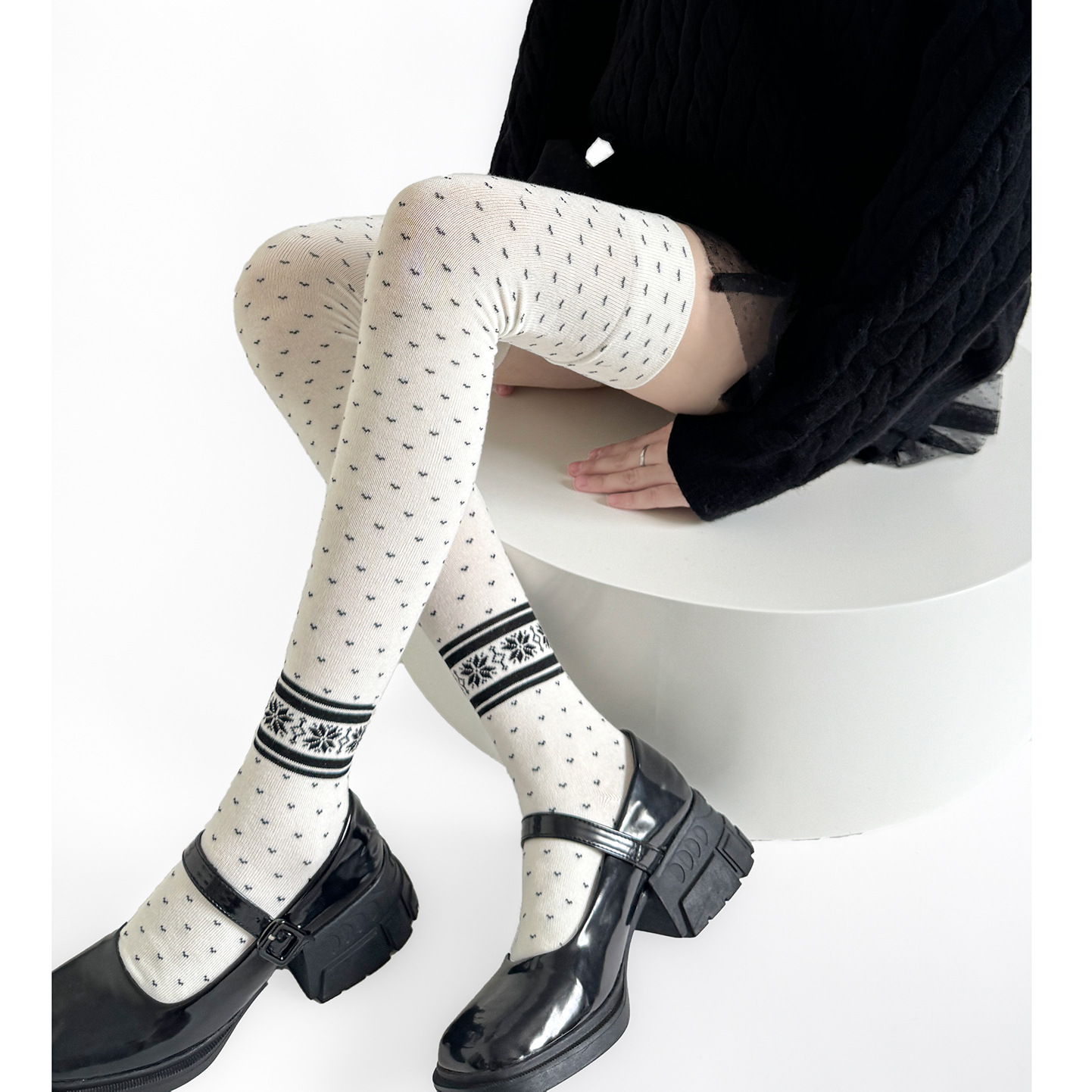 秋冬y2k日系复古提花高筒袜jk黑白费尔岛小众穿搭过膝长筒袜春秋