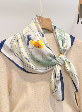 荷花丝巾70cm小方巾女百搭春秋新款洋气时尚绿色妈妈围巾护颈围脖