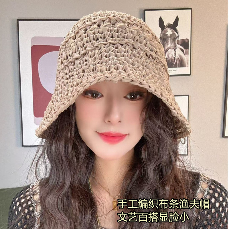 2025新款手工编织布条渔夫帽子女春夏季遮阳防晒帽显脸小文艺盆帽