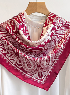 红色腰果花小方巾丝巾女春秋冬季搭配衬衫护颈围脖子薄围巾70cm