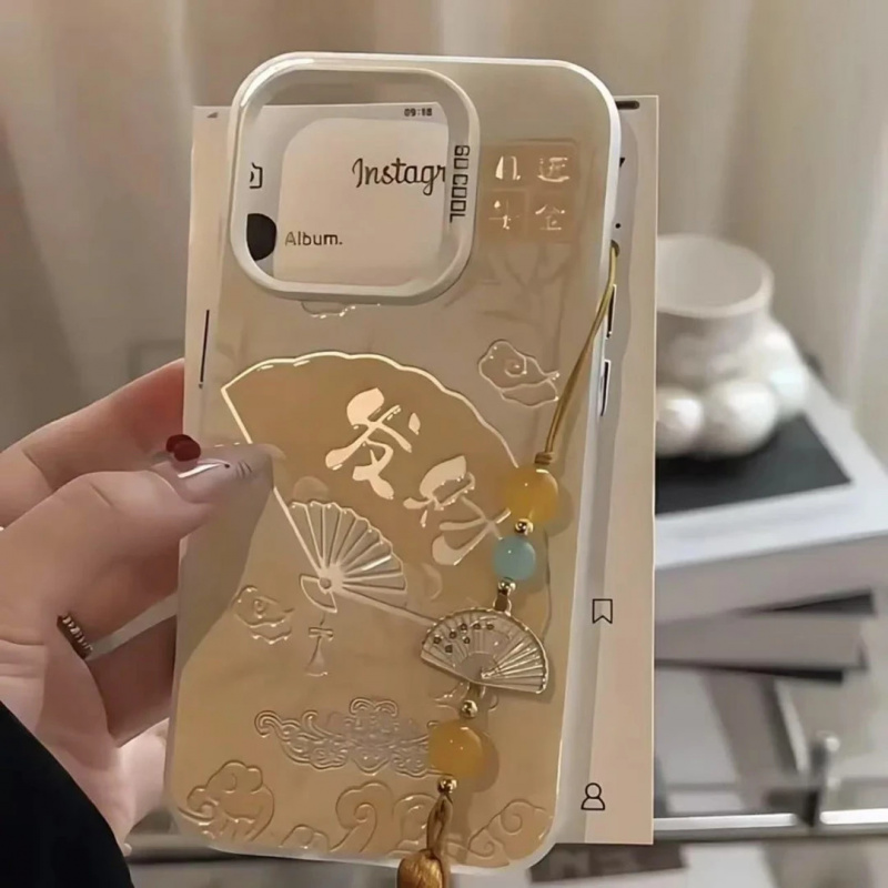 中国风发财扇子适用苹果17Promax手机壳IP16彩银IMD国潮15Pro新款