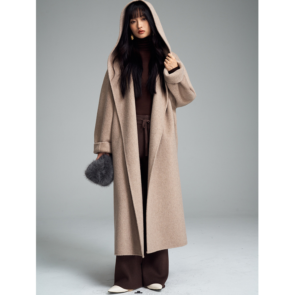 冬新真丝羊毛羊绒连帽浴袍长款慵懒毛呢双面呢大衣外套时尚高级感