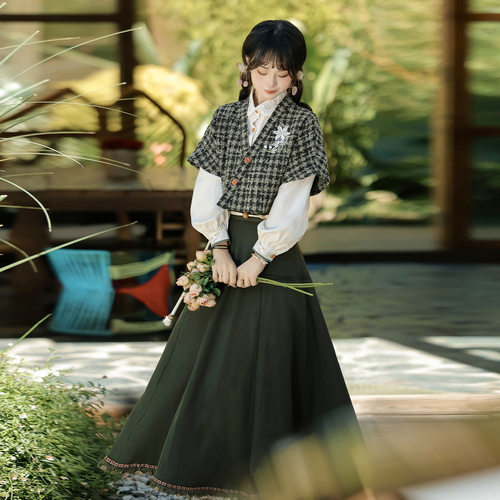 原创湘灵汉服女中国风改良汉元素改良半臂衬衣半裙套装气质高级感