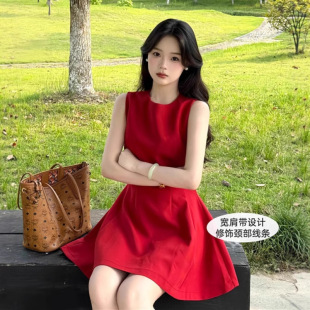 红色千金风无袖连衣裙女夏季掐腰a字背心裙小裙子圆领套头休闲款