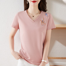v领短袖t恤女粉色2025夏季新款刺绣中年妈妈莫代尔上衣半袖