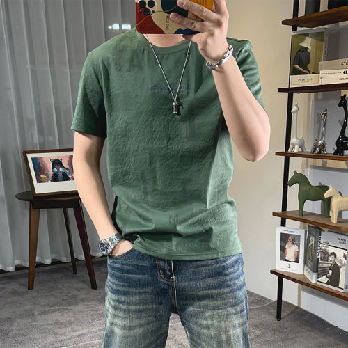 冰丝棉麻透气男装修身短袖圆领