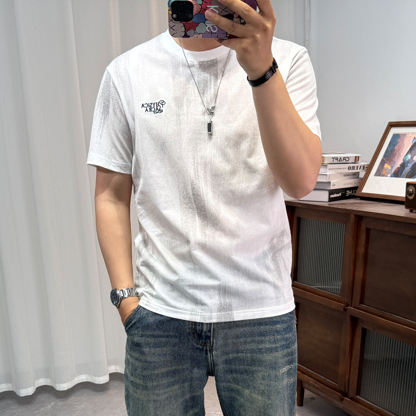 男士棉麻短袖T恤男薄款夏季2026潮流刺绣修身圆领凉感体恤衫上衣