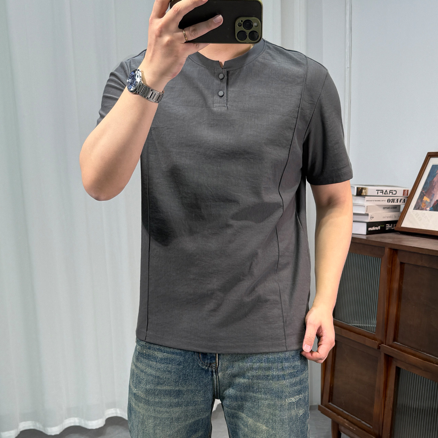 2026男士短袖T恤棉麻薄款夏季新品净版纯色青年立领透气凉感上衣