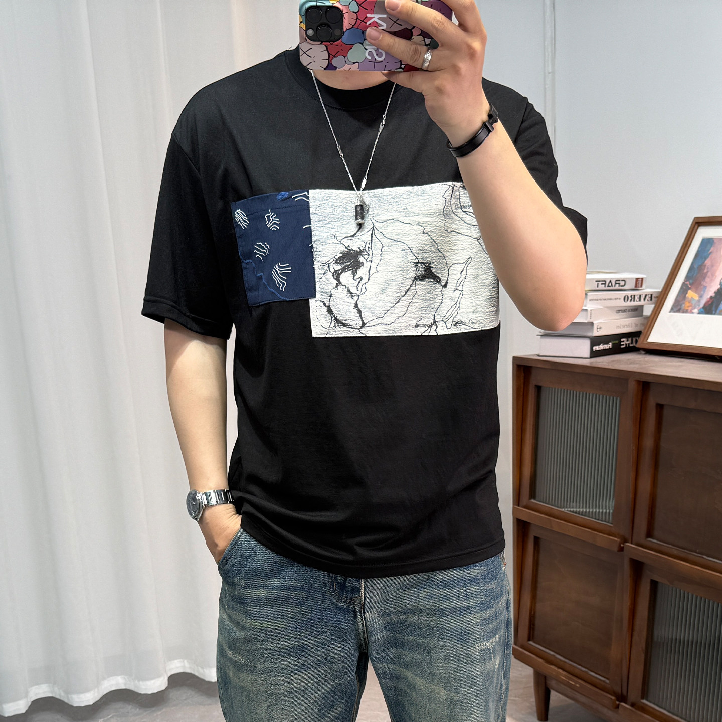 冰感棉麻短袖T恤男潮流贴布口袋青年夏季微宽松亚麻凉感透气上衣