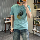 圆领麻料打底衫 夏季 刺绣印花t恤素写百搭个性 棉麻男短袖 潮流新款