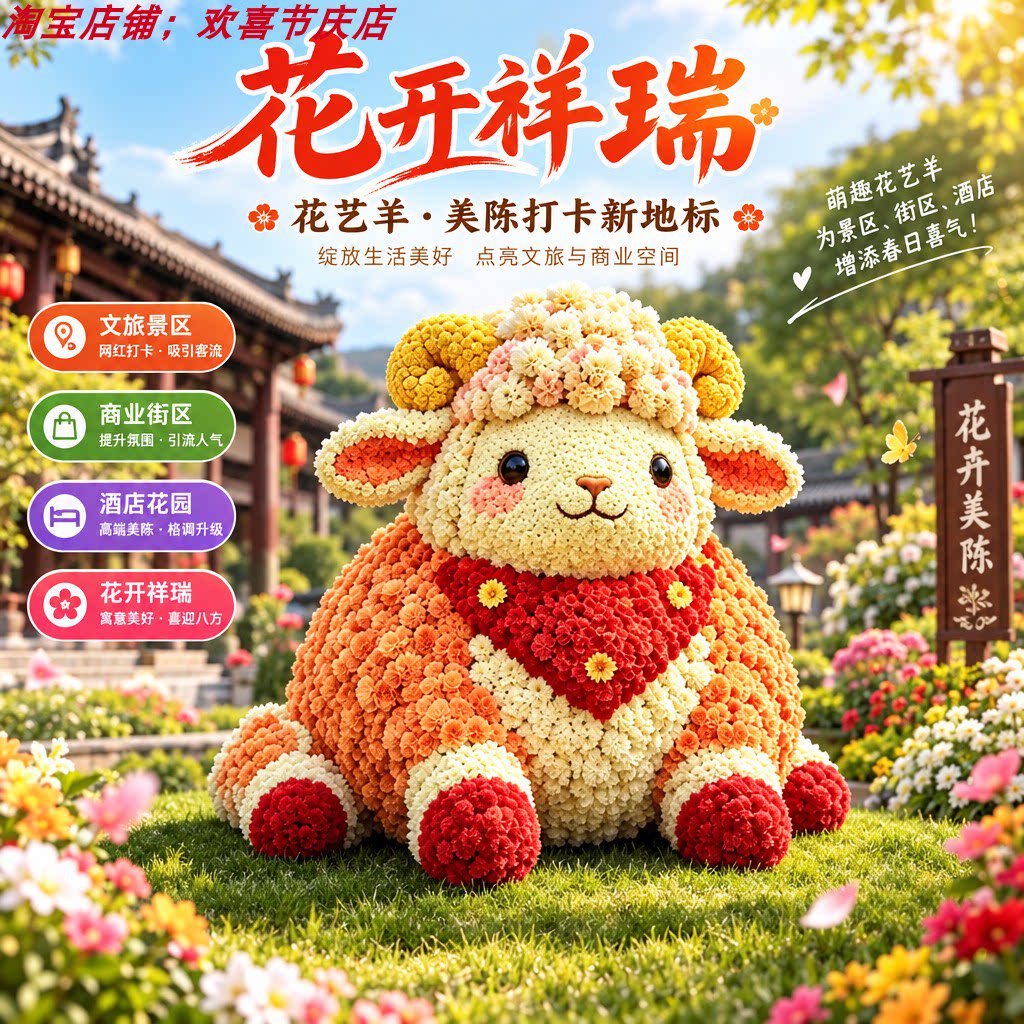 网红花开祥瑞小羊雕塑美陈仿真花绿雕户外景区酒店花园节日摆件