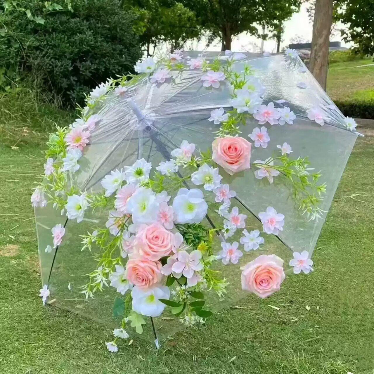 外景旅拍新款婚纱摄影道具花伞粘花透明伞小清新时尚简约风手拿伞