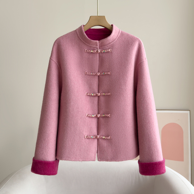 新中式粉色双面羊毛大衣女短款