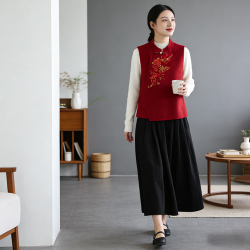 新中式重工刺绣双面羊毛马甲女2026新款红色立领暗扣毛呢坎肩上衣