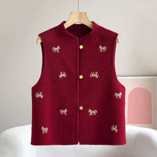 新中式国风红色双面羊毛马甲女短款立领单排扣刺绣无袖毛呢外套