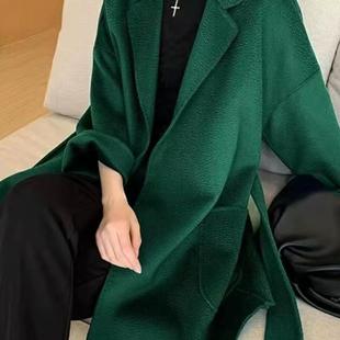 水波纹双面羊绒大衣女中长款2025秋冬新款韩版系带显瘦毛呢外套