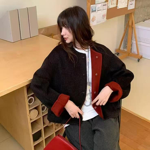 2025春秋新款双面羊绒大衣女短款高级感气质撞色单排扣羊毛呢外套