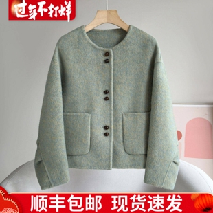 绿色双面羊毛大衣女短款2025年新款韩版时尚单排扣羊毛双面呢外套