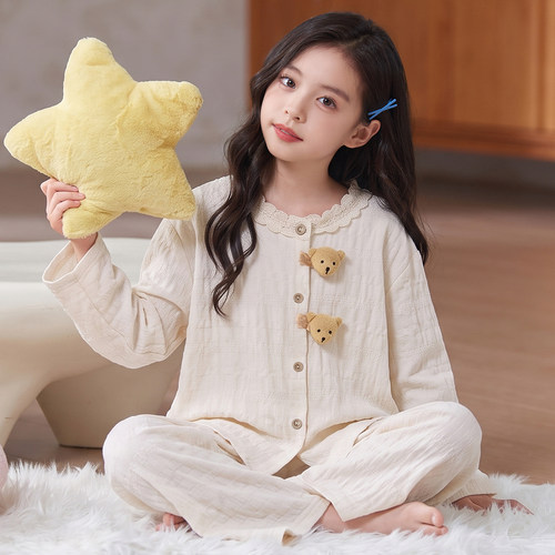 女童夏季日系娃娃领棉纱睡衣套装