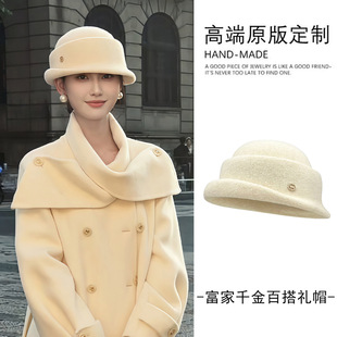 法式复古白色礼帽优雅赫本风留洋大小姐盆帽浅顶52cm小码xs帽子