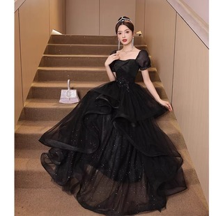 日本品質(zhì)黑色年會晚禮服女高級感宴會氣質(zhì)學(xué)生日成人禮藝考聲樂主