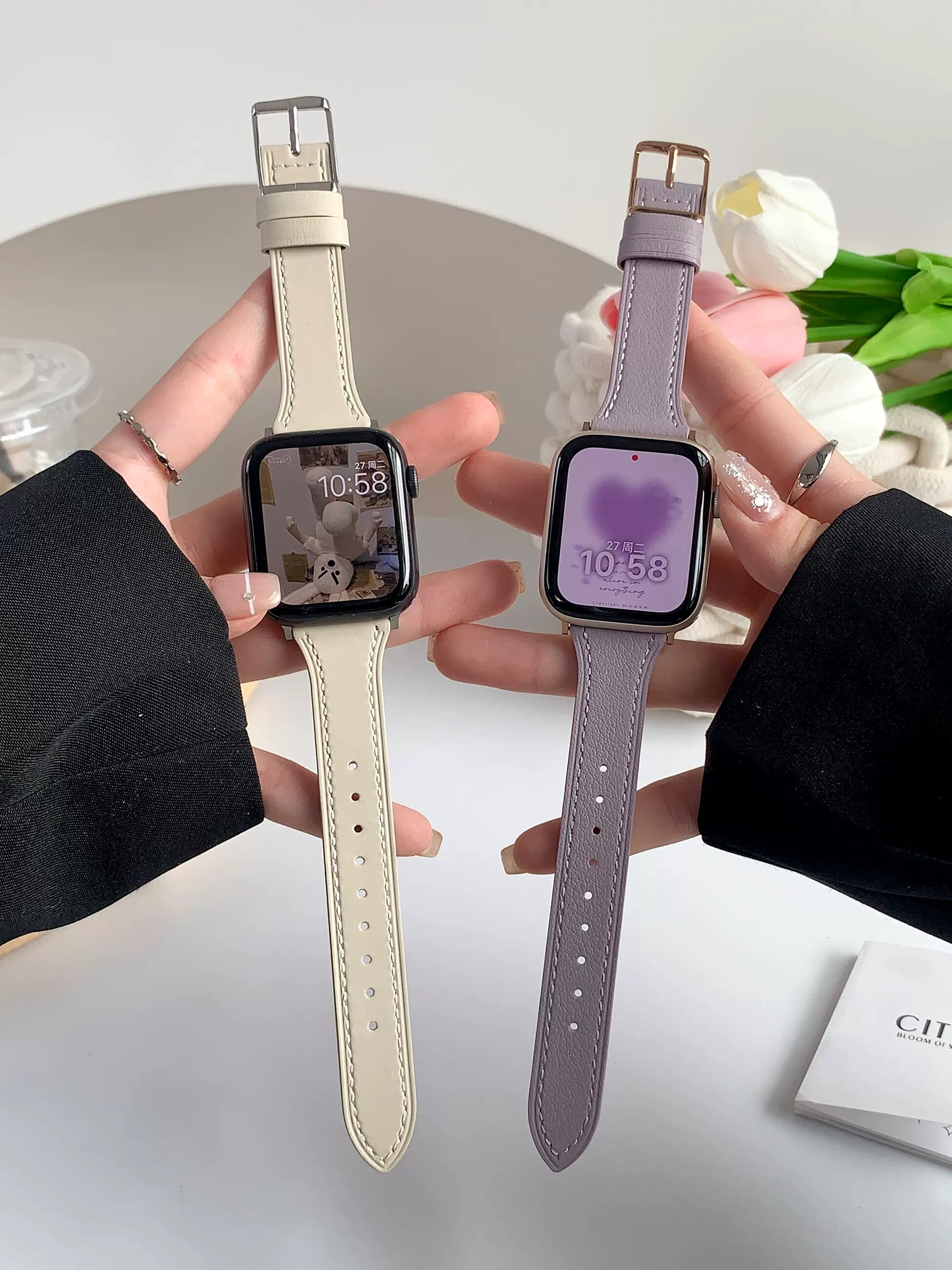 适用苹果手表表带s8代真皮皮质applewatch手表带iwatch7小蛮腰小众s7女款41/44/45/49mm鱼子酱小羊皮夏季潮流