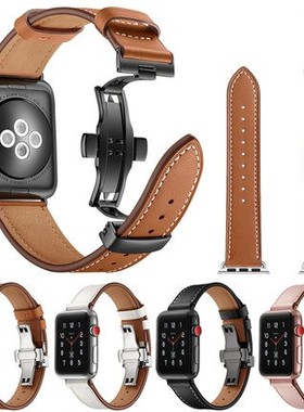 适用苹果手表apple watch7/89代表带真皮iwatch10代se手表带41/45/44mm男女潮 Series Ultra蝴蝶扣皮带46mm49