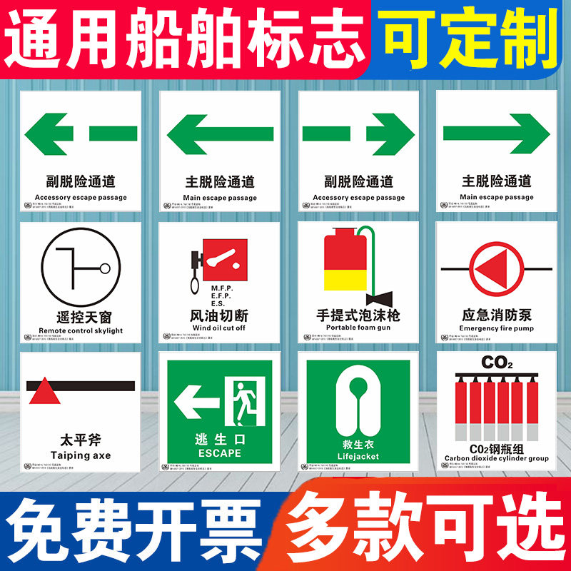 imo国际通用船舶主副脱险通道逃生口救生衣带灯绳救生圈夜光标识牌 风