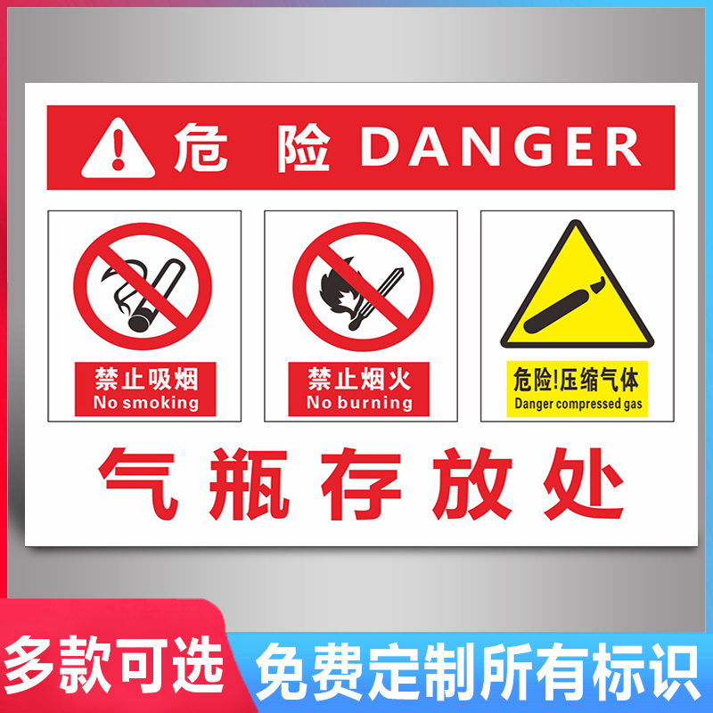 气瓶存放处安全警示牌氧气瓶氩气瓶空气瓶乙炔瓶警告提示牌标识牌