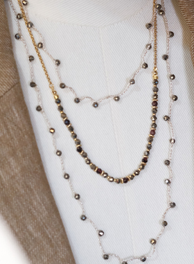 2026新款半宝石黄铁矿石榴石金丝线钩针多层叠戴颈链项链毛衣链